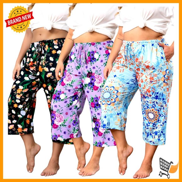 Plus Size Capri Pajama Pants Lounge Wear Drawstring Waist Pockets Comfy Casual